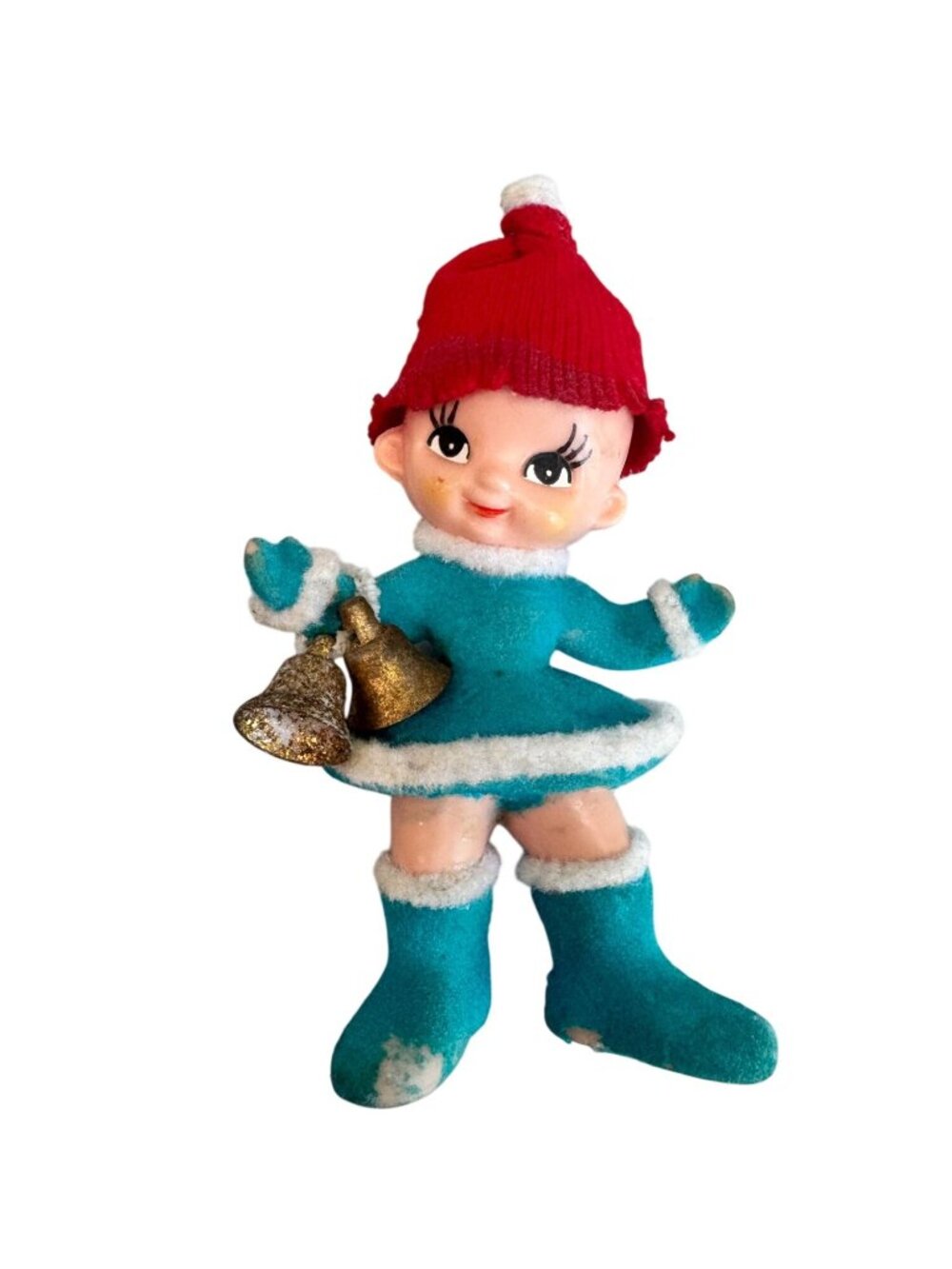 Vintage Flocked Pixie Elf Ornament With Bells Red Knit Hat 5" - Picture 3 of 7